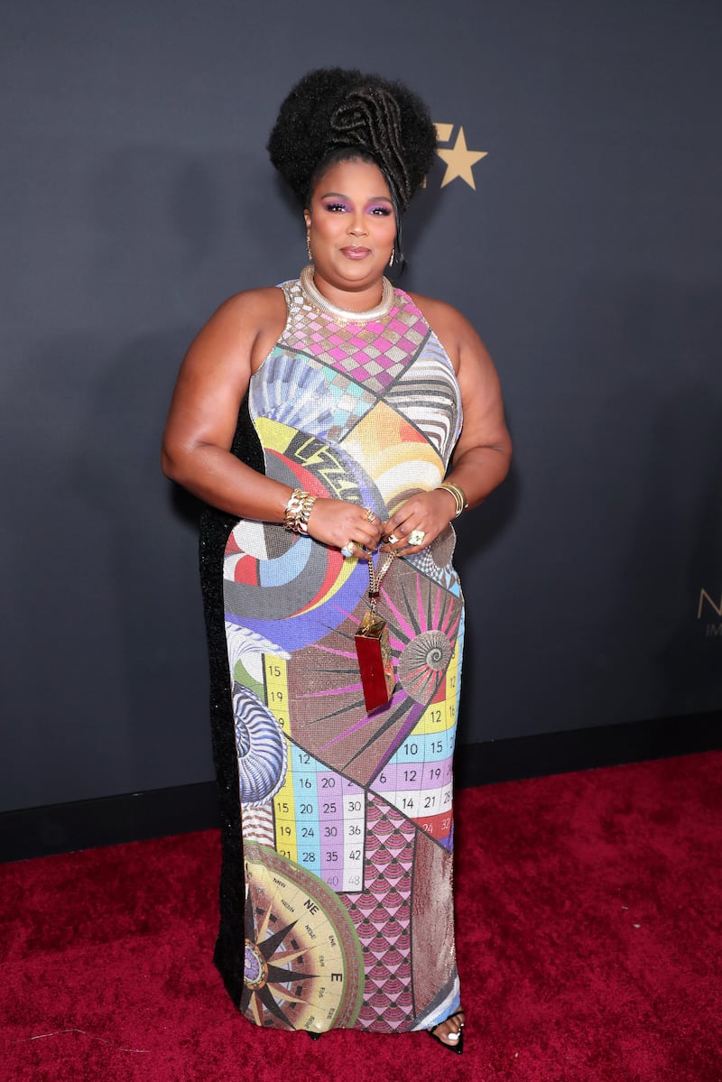 Lizzo in a printed dress by Mary Katrantzou on February 22, 2020. Getty Images