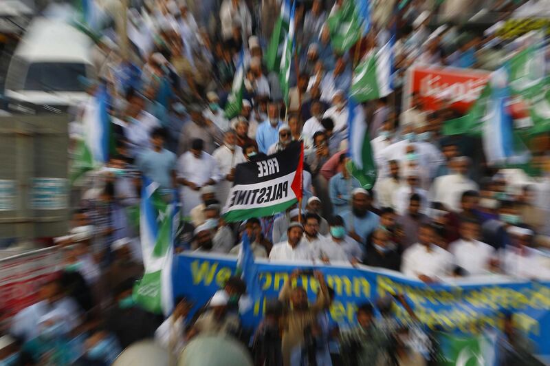 People march during a protest against Israel in Karachi, Pakistan. EPA