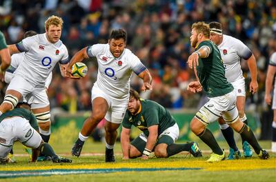 England's Billy Vunipola and South Africa's Duane Vermeulen, right, in action defending during the second rugby test match between South Africa and England in Bloemfontein, South Africa, Saturday, June 16, 2018. (AP Photo/Christiaan Kotze)
