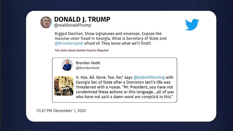 A tweet by former president Donald Trump makes a claim of voter fraud in Georgia. House select committee / AP