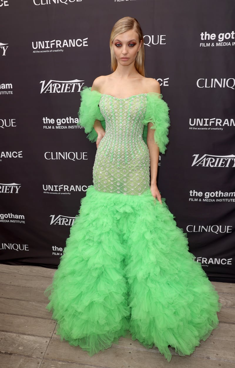 Model Ann-Sophie Thieme wears a lime green Rami Kadi gown to attend the 2022 Welcome to Cannes party on May 19. Getty Images 