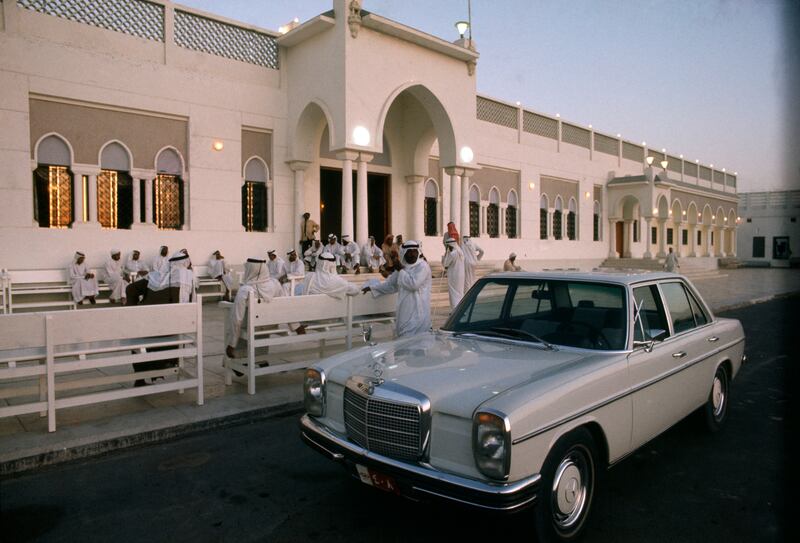 Outside the palace of Sheikh Rashid Bin Saeed, father of Sheikh Mohammed bin Rashid, Vice President and Ruler of Dubai, in Dubai in 1971. Bruno Barbey / Magnum Photos / arabianEye.com