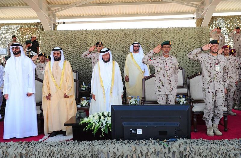 Sheikh Sultan bin Zayed, the President’s Representative, attends the graduation ceremony at the Zayed II Military College in Al Ain. Sheikh Tahnoun bin Mohammed, Abu Dhabi Ruler`s Representative in the Eastern Region; Sheikh Omar bin Zayed, Deputy Chairman of the Board of Trustees of Zayed bin Sultan Al Nahyan Charitable and Humanitarian Foundation; Mohammed Al Bowardi, Minister of State for Defence Affairs; Lt Gen Hamad Mohammed Thani Al Rumaithi, Chief of Staff of the Armed Forces; Maj Gen Pilot Sheikh Ahmad bin Tahnoun bin Mohammad, Chairman of the National and Reserve Service Authority; Dr Khalid bin Sultan bin Zayed, Deputy Chairman of Sultan bin Zayed Culture and Media Centre, and a number of other Sheikhs and senior officers, attended the event.