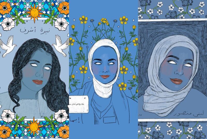 Nourie Flayhan's illustrated tributes to Nayera Ashraf, Iman Rashid and Lubna Mansour, who were killed in June 2022. Photo: Nourie Flayhan / Instagram
