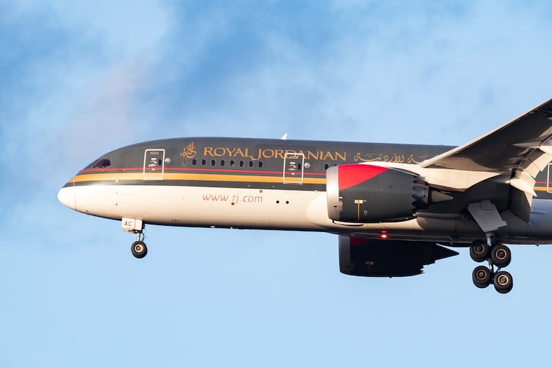 Royal Air Jordanian Boeing 787-8 Dreamliner aircraft with registration JY-BAC arriving at London Heathrow International Airport LHR EGLL connecting London to Amman, Jordan. The airplane name is Princess Salma Bint Abdullah. Royal Jordanian Airlines RJ RJA is a Oneworld aviation alliance member. (Photo by Nicolas Economou/NurPhoto via Getty Images)