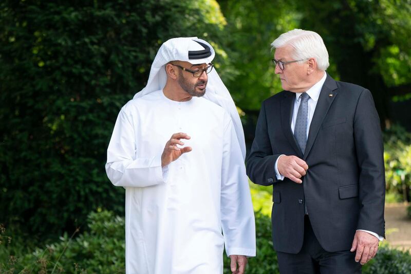 BERLIN, GERMANY - June 11, 2019: HH Sheikh Mohamed bin Zayed Al Nahyan, Crown Prince of Abu Dhabi and Deputy Supreme Commander of the UAE Armed Forces (L), speaks with HE Frank-Walter Steinmeier, President of Germany (R), prior a meeting at the Bellevue Palace.

( Rashed Al Mansoori / Ministry of Presidential Affairs )
---