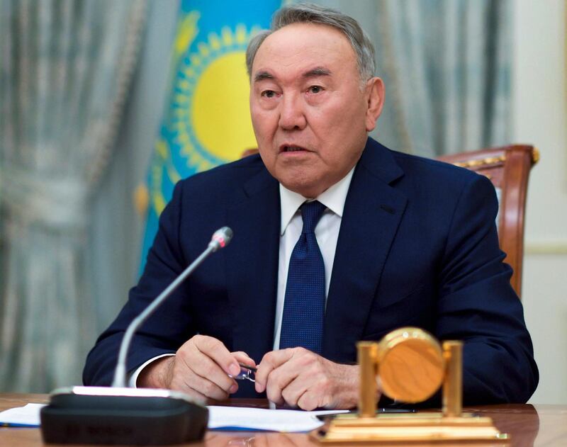 Kazakh President Nursultan Nazarbayev speaks during a televised address to the oil-rich nation in Astana, Kazakhstan, Tuesday, March 19, 2019. President Nursultan Nazarbayev, the only leader that independent Kazakhstan has ever known, abruptly announced his resignation Tuesday after three decades in power, raising uncertainty over the future course of the Central Asian country. (Kazakhstan's Presidential Press Service via AP)