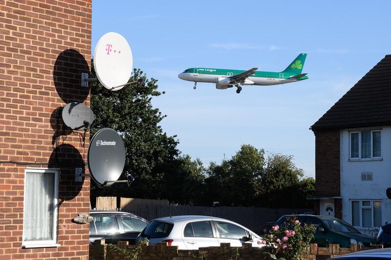 LONDON, ENGLAND - SEPTEMBER 13: An Air Lingus passenger plane comes into land at Heathrow Airport on September 13, 2019 in London, England. Climate change protesters planned to disrupt the airport through a number of actions involving illegal drone flights but appear to have been stopped through pre-emptive arrests by the police, and the possible use of jamming technology. (Photo by Leon Neal/Getty Images)