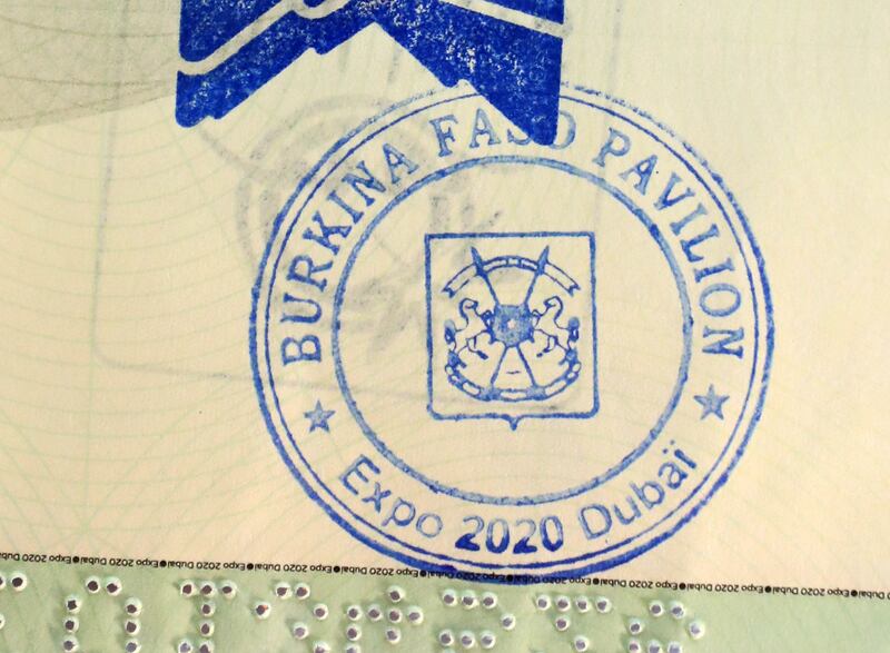 Passport stamp for the pavilion of Burkina Faso.