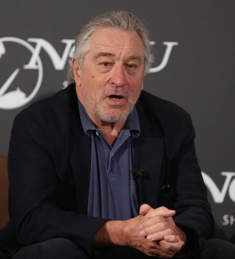 FILE - In this May 15, 2018 file photo, actor Robert De Niro appears during a press conference at the official launch of the Nobu Shoreditch hotel in London. De Niro is a co-owner of the Nobu chain. De Niro is calling on people to vote in light of the series of bombs addressed to targets of right-wing anger. A suspicious package containing what authorities described as a crude pipe bomb was discovered at De Niro's New York City office on Thursday, Oct. 25. (AP Photo/Alastair Grant, File)
