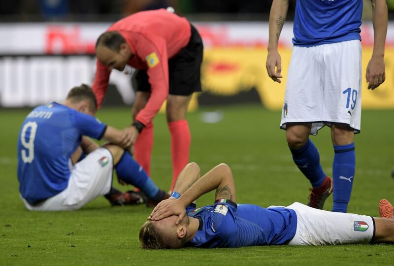 Italy's forward Ciro Immobile reacts as his country fail to beat Sweden to advance to the World Cup finals in Russia. Miguel Medina / AFP Photo