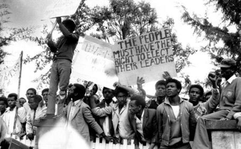 Protestors take to the streets of Addis Ababa in March, 1974, to protest against the installation of a new government after the resignation of Haile Selassie's prime minister, Akilu Habte-Wold.