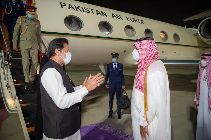 Saudi Crown Prince Mohammed bin Salman welcomes Pakistan's Prime Minister Imran Khan at King Abdulaziz International Airport, Jeddah. Saudi Press Agency