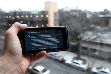 A ChatGPT prompt is shown on a device near a public school in Brooklyn, New York, Thursday, Jan.  5, 2023.  New York City school officials started blocking this week the impressive but controversial writing tool that can generate paragraphs of human-like text.  (AP Photo / Peter Morgan)