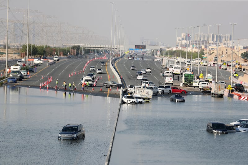 Flooding on Al Khail Road. Chris Whiteoak / The National