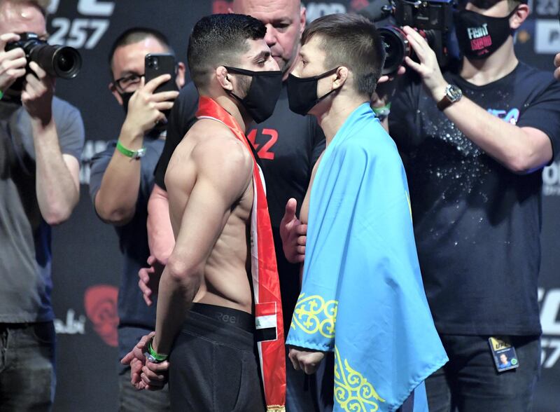 ABU DHABI, UNITED ARAB EMIRATES - JANUARY 22: (L-R) Opponents Amir Albazi of Sweden and Zhalgas Zhumagulov of Kazakhstan face off during the UFC 257 weigh-in at Etihad Arena on UFC Fight Island on January 22, 2021 in Abu Dhabi, United Arab Emirates. (Photo by Jeff Bottari/Zuffa LLC) *** Local Caption *** ABU DHABI, UNITED ARAB EMIRATES - JANUARY 22: (L-R) Opponents Amir Albazi of Sweden and Zhalgas Zhumagulov of Kazakhstan face off during the UFC 257 weigh-in at Etihad Arena on UFC Fight Island on January 22, 2021 in Abu Dhabi, United Arab Emirates. (Photo by Jeff Bottari/Zuffa LLC)