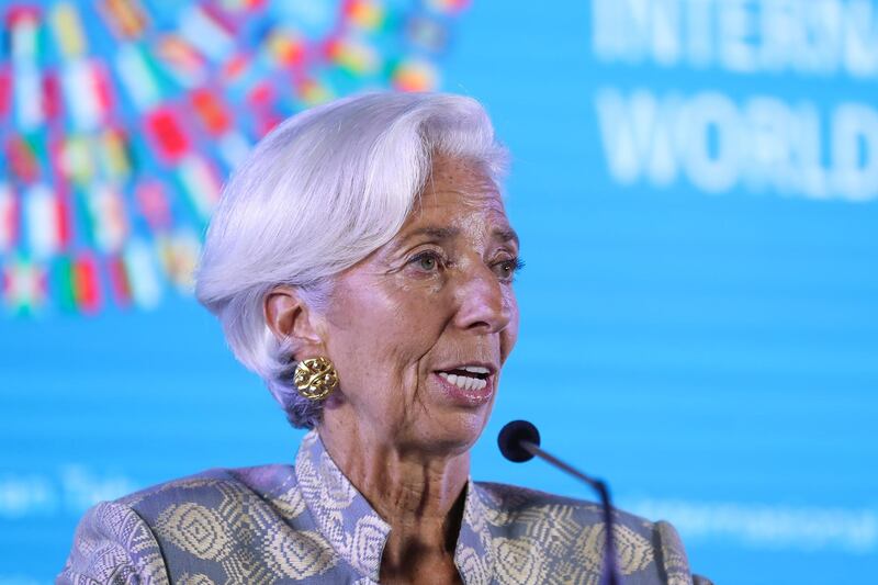 Christine Lagarde, managing director of the International Monetary Fund (IMF), speaks during a news conference at the IMF and World Bank Group Annual Meetings in Nusa Dua, Bali, Indonesia, on Saturday, Oct. 13, 2018. Lagarde said she still plans to attend the "Davos in the Desert" summit in Saudi Arabia, an event that has become shrouded in controversy after Turkish officials alleged Jamal Khashoggi, a Washington Post columnist who lived in self-imposed exile, was murdered in the kingdom’s consulate in Istanbul. Photographer: SeongJoon Cho/Bloomberg