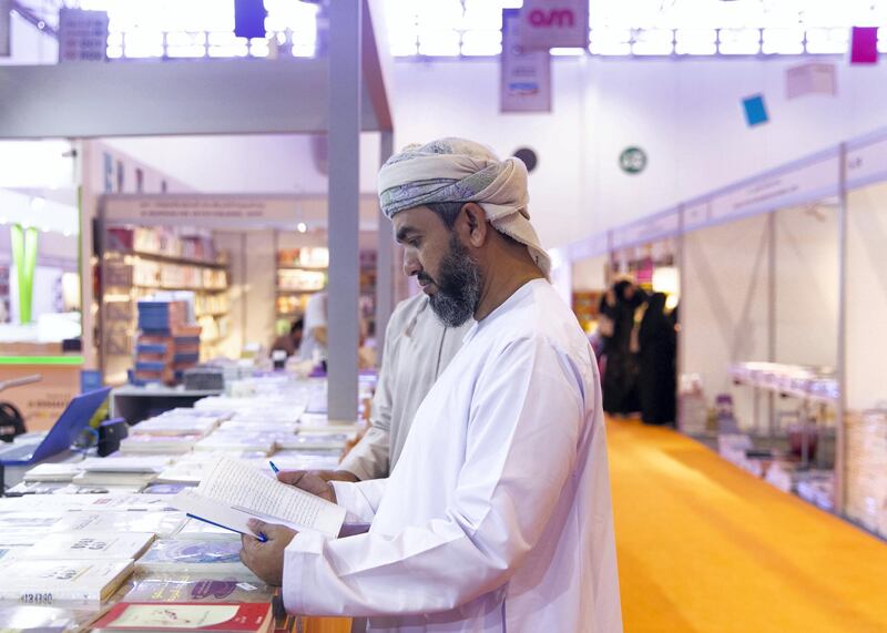 SHARJAH, UNITED ARAB EMIRATES. 30 October 2019. 
Omanis visiting the 38th Sharjah International Book Fair edition at Expo Centre Sharjah, offering more than 1.6 million titles to publishers as well as eager readers of all ages.

(Photo: Reem Mohammed/The National)

Reporter:
Section: