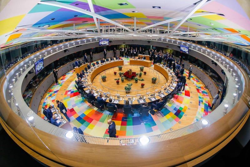 Brussels shows a general view of the room of the European Council in Brussels during the second day of a European Summit aimed at discussing the Brexit deal.  AFP