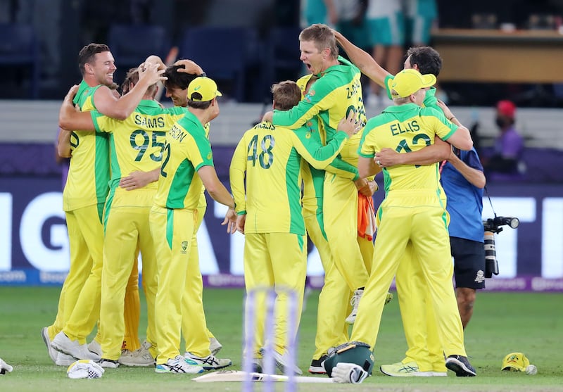 Australia players winning the T20 World Cup in Dubai on Sunday, November 4, 2021. Chris Whiteoak / The National