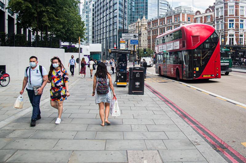 London and its reaction to wearing masks during the Covid-19 pandemic. Photographed for The National UAE