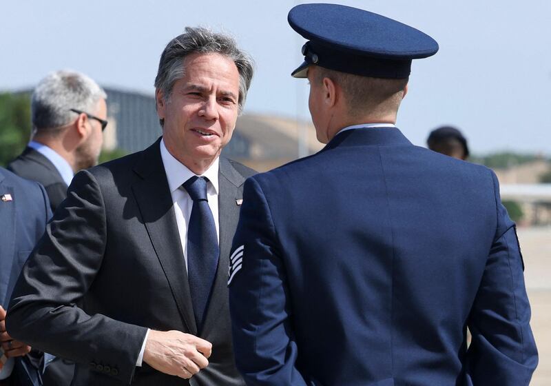 US Secretary of State Antony Blinken(C) arrives to board his plane to depart Washington,DC for travel to Costa Rica, at Joint Base Andrews, Maryland, on June 1, 2021.  The top US diplomat, Antony Blinken, will begin a two-day visit to Costa Rica on Tuesday to discuss with Central American countries the thorny issue of migrants to the United States. / AFP / POOL / EVELYN HOCKSTEIN
