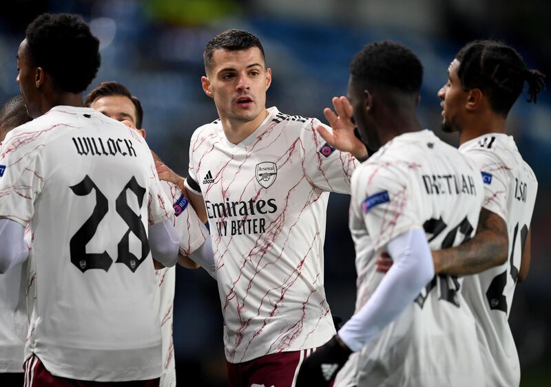 MOLDE, NORWAY - NOVEMBER 26: Granit Xhaka of Arsenal during the UEFA Europa League Group B stage match between Molde FK and Arsenal FC at Molde Stadion on November 26, 2020 in Molde, Norway. (Photo by David Price/Arsenal FC via Getty Images)