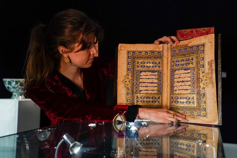 A Quran written in gold from the 16th century will go on sale at auction in London. It is part of the Arts of the Islamic World and India at Sotheby’s, pieces from which will go on auction on October 27, with the Quran going for an estimated £300,000 to £500,000. AP Photo