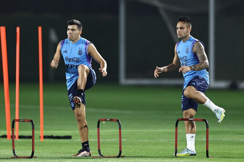 Argentina's Marcos Acuna and Lautaro Martinez train ahead of the World Cup in Qatar. Getty