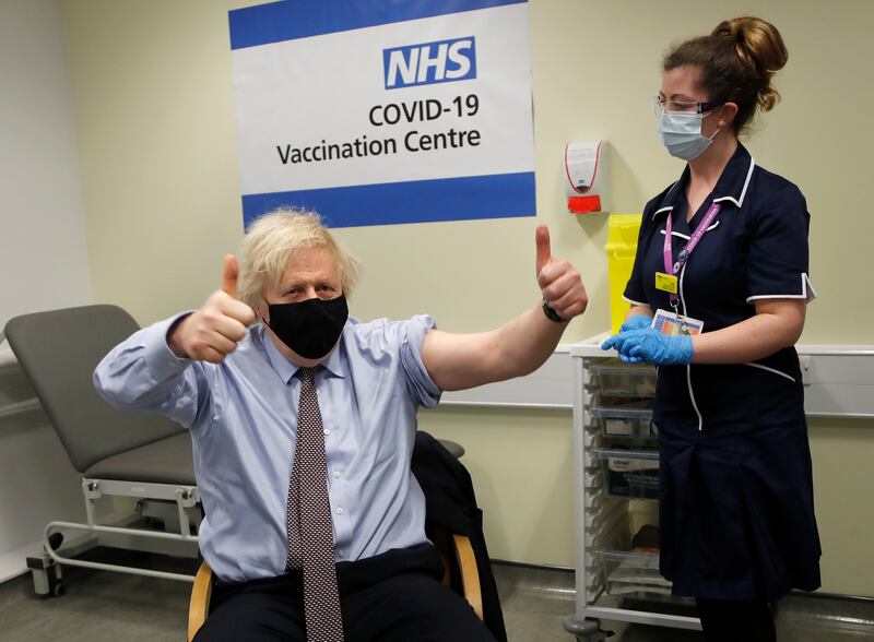 The prime minister after receiving the first dose of the AstraZeneca vaccine at St Thomas' Hospital in London in March, 2021. Getty Images