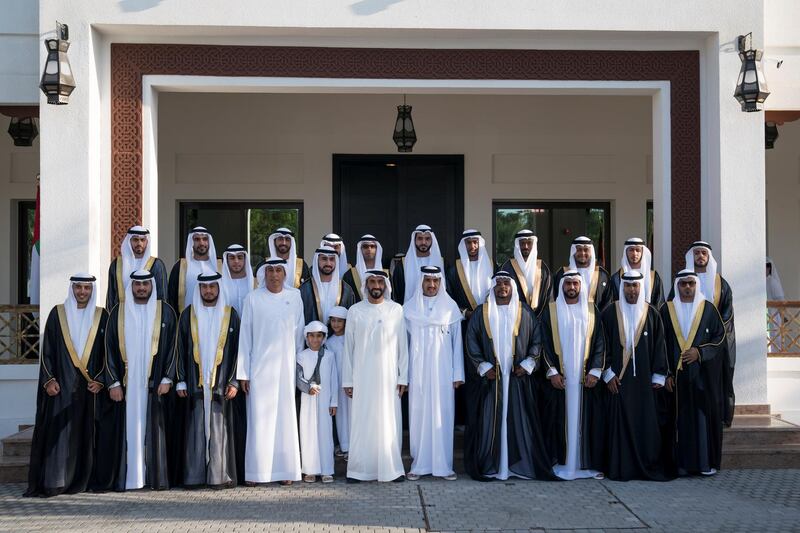 ABU DHABI, UNITED ARAB EMIRATES - November 15, 2018: HE Jaber Al Suwaidi, General Director of the Crown Prince Court - Abu Dhabi (4th L), HH Sheikh Nahyan Bin Zayed Al Nahyan, Chairman of the Board of Trustees of Zayed bin Sultan Al Nahyan Charitable and Humanitarian Foundation (8th L) and HE Ahmed Juma Al Zaabi, UAE Deputy Minister of Presidential Affairs (9th L), stand for a photograph during a mass wedding held at Majlis Al Manhal.

( Hamad Al Kaabi  / Ministry of Presidential Affairs )
---