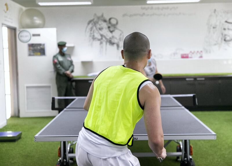 DUBAI, UNITED ARAB EMIRATES. 22 JULY 2020. 
Two inmates play table tennis at Al Awir Central Jail.
(Photo: Reem Mohammed/The National)

Reporter:
Section: