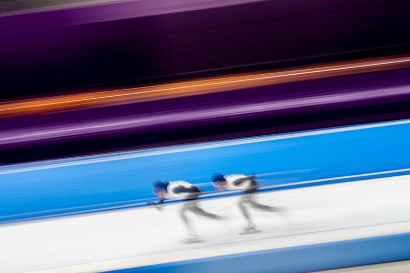 Japanese athletes in action during the training session at the Gangneung Oval speed skating venue in Gangneung, South Korea. Valdrin Xhemaj / EPA