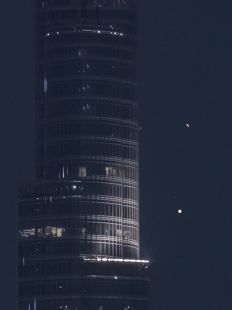 The Saturn and Jupiter conjunction captured next to the Burj Khalifa.