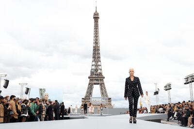 Helen Mirren on the runway for Le Defile L'Oreal Paris 2021 on Sunday. Getty Images 