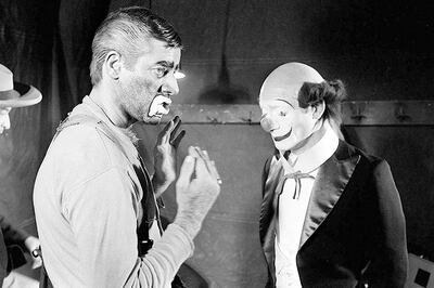 Jerry Lewis (left) gets in character in the unreleased 'The Day The Clown Cried'. Courtesy Image Net