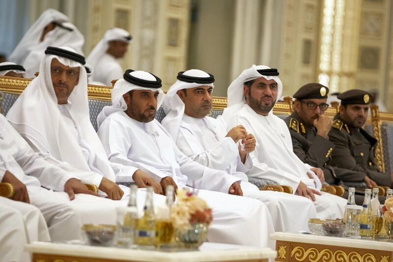 ABU DHABI, UNITED ARAB EMIRATES - May 08, 2019: Guests attend an iftar reception at the Presidential Palace. 

( Hamad Al Mansoori / for the Ministry of Presidential Affairs )
---