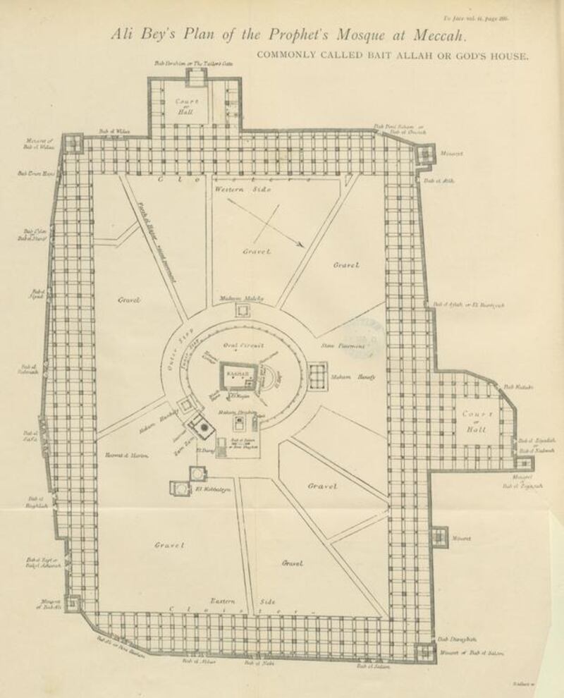 A schematic plan of the Grand Mosque in Mecca has great detail, such as the footprint of the Prophet Ibrahim and the well of Zamzam from Vikram and Vampire. Courtesy British Library