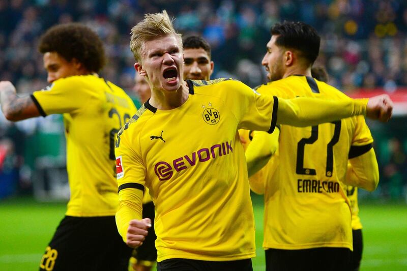 Dortmund's Norwegian forward Erling Braut Haaland celebrates after scoring during the German first division Bundesliga football match Werder Bremen vs BVB Borussia Dortmund, in Bremen, northern Germany on February 22, 2020. DFL REGULATIONS PROHIBIT ANY USE OF PHOTOGRAPHS AS IMAGE SEQUENCES AND/OR QUASI-VIDEO 
 / AFP / Patrik Stollarz / DFL REGULATIONS PROHIBIT ANY USE OF PHOTOGRAPHS AS IMAGE SEQUENCES AND/OR QUASI-VIDEO 
