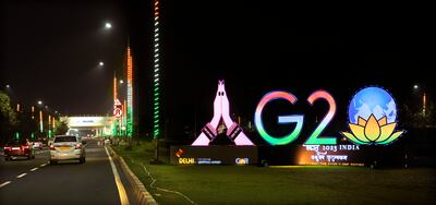 An illuminated G20 logo near the airport in New Delhi. AP