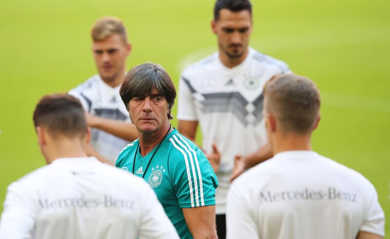 MUNICH, GERMANY - SEPTEMBER 05:  Joachim Loew head coach of Germany speaks to his players during training before the International Friendly football match between Germany and France at Allianz Arena on September 5, 2018 in Munich, Germany.  (Photo by Alexander Hassenstein/Bongarts/Getty Images)
