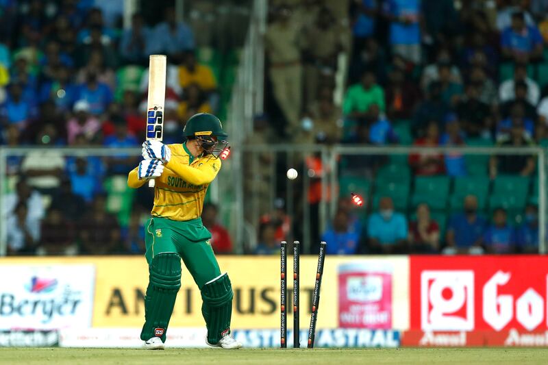 South Africa batsman Quinton de Kock is bowled by Arshdeep Singh during India's eight-wicket win at the Greenfield International Stadium. Getty