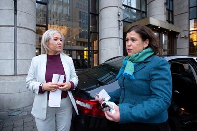 Sinn Fein Vice President Michelle O'Neill (L) and President Mary Lou McDonald (R) after the announcement that the DUP's First Minister resigned from Northern Ireland's devolved government. Photo: Paul McErlane