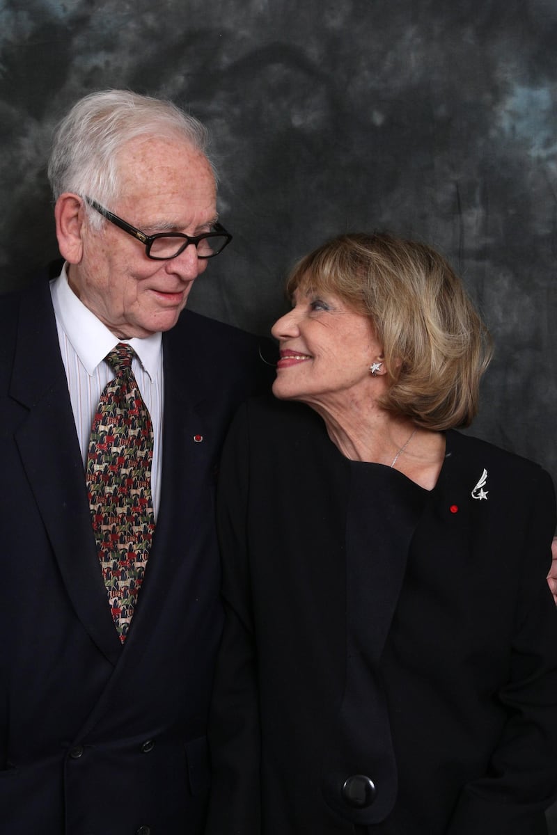 French actress Jeanne Moreau with Pierre Cardin in February 2008, at the Etoiles d'Or du Cinema awards in Paris. AFP