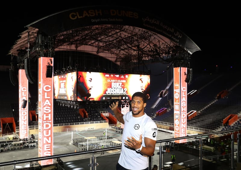 Anthony Joshua inside the Diriyah Arena ahead of the 'Clash on the Dunes' on Saturday. Getty