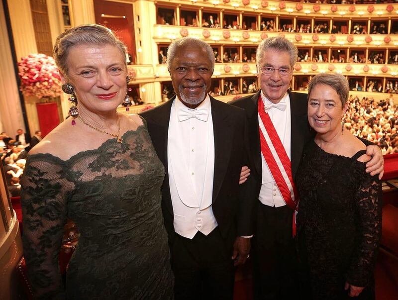 Nane Lagergren, left, former UN Secretary General Kofi Annan, second from left, Austrian President Heinz Fischer, second from right, with his wife Margit, right, during the opening ceremony. Peter Lechner / EPA
