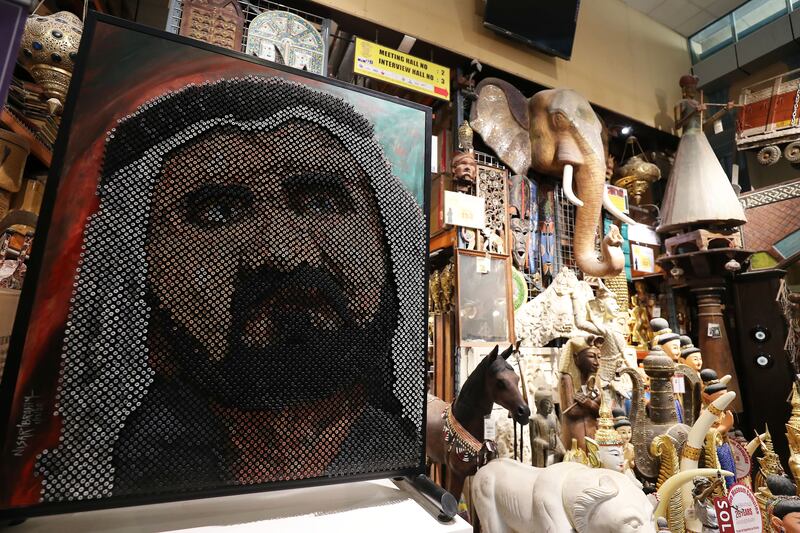 A portrait of Sheikh Mohammed bin Rashid, UAE Vice President and Ruler of Dubai, made by Indian artist Nisar Ibrahim using 6,800 screws. The piece is on display at the Antique Museum in Al Quoz, Dubai, and costs Dh35,000 ($9,530). Pawan Singh / The National