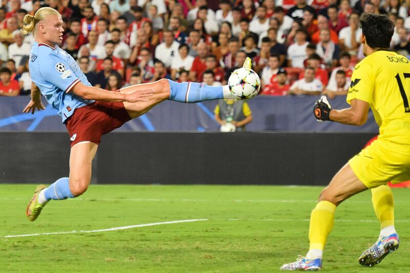 11) Haaland opens his City Champions League account with the opening goal in the 4-0 victory at Sevilla on September 6. EPA