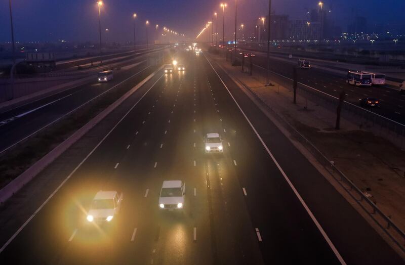 Abu Dhabi, United Arab Emirates, September 21, 2020.  Hazy and foggy morning along the E10 Highway, Khalifa City, Abu Dhabi.
Victor Besa/The National
Section:  Standalone/Weather