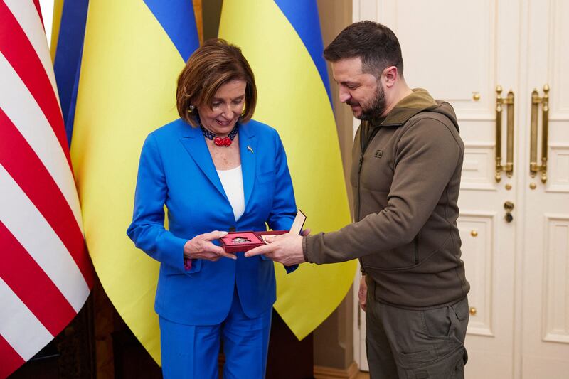 The award was to highlight Ms Pelosi's 'significant personal contribution' to strengthening America’s ties with Ukraine. AFP /  Ukrainian Presidential Press Service